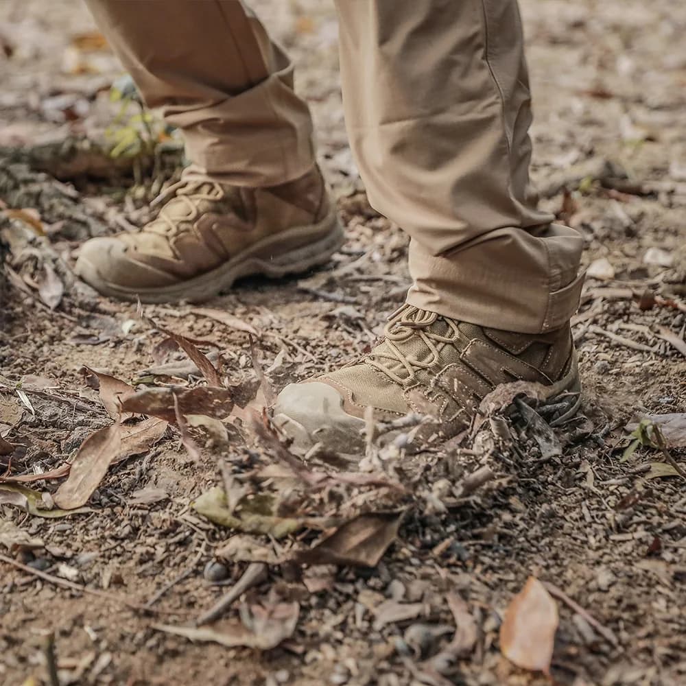 Emersongear combat boots in an outdoor woodland setting